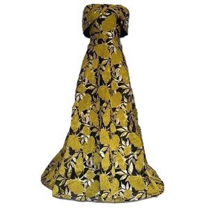 NWOT THEIA OFF THE SHOULDER BLACK & GOLD JACQUARD GOWN DRESS SIZE 4
